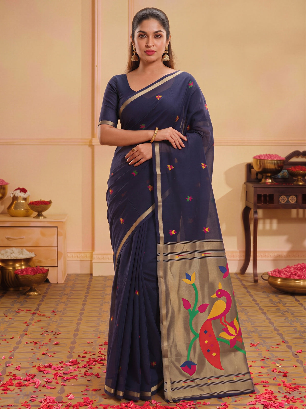 Navy Blue silk blend saree view 3