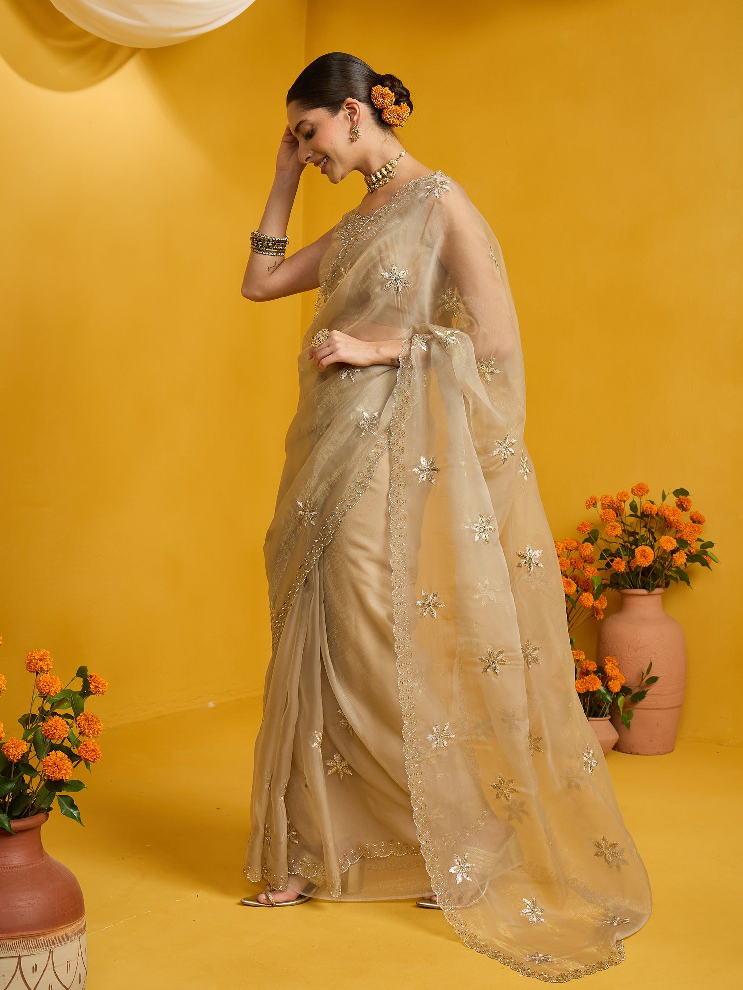 Beige Pure Georgette saree – detail view 1