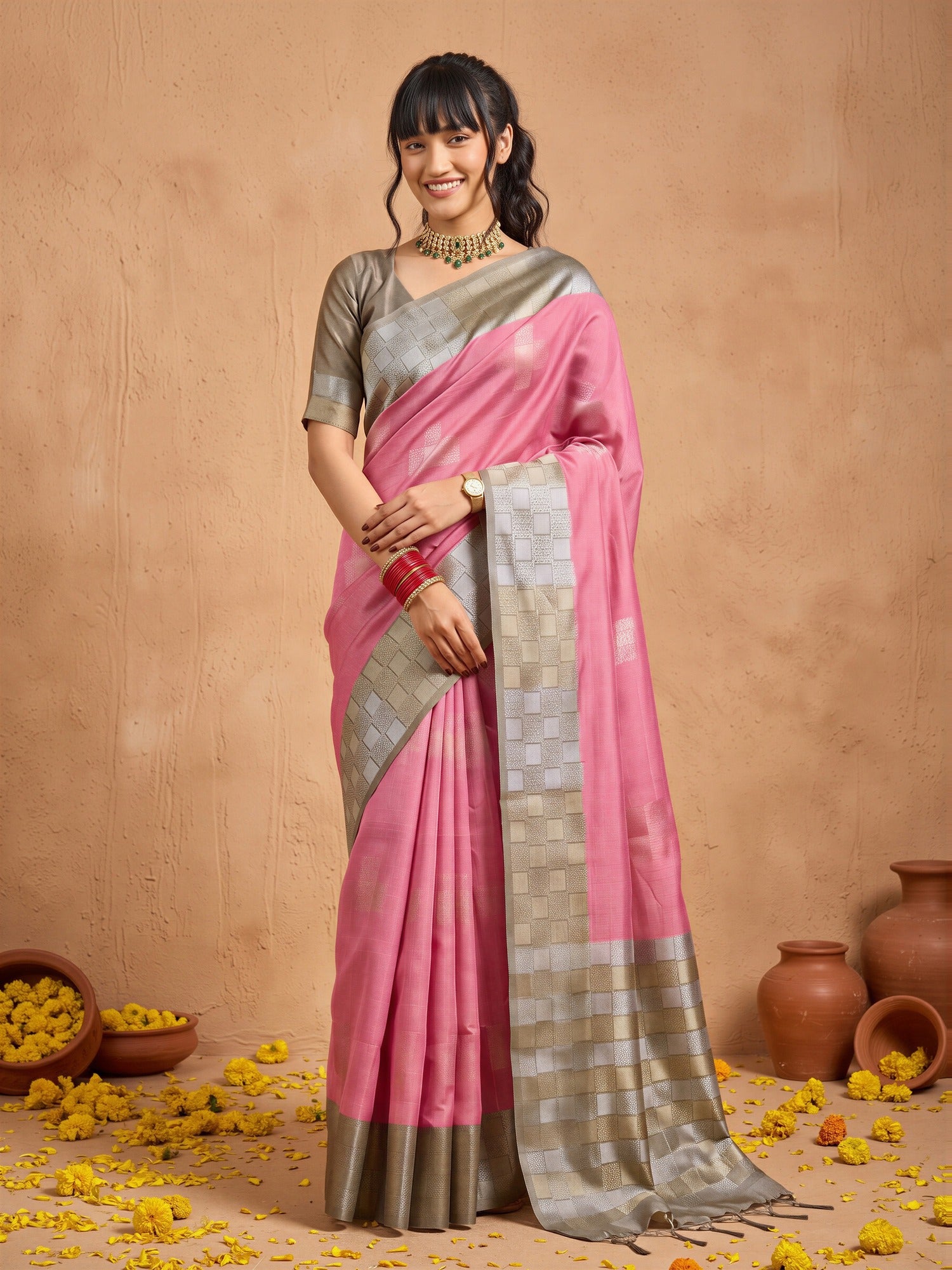 Woman wearing pink cotton blend saree with traditional indian motif work and silver blouse