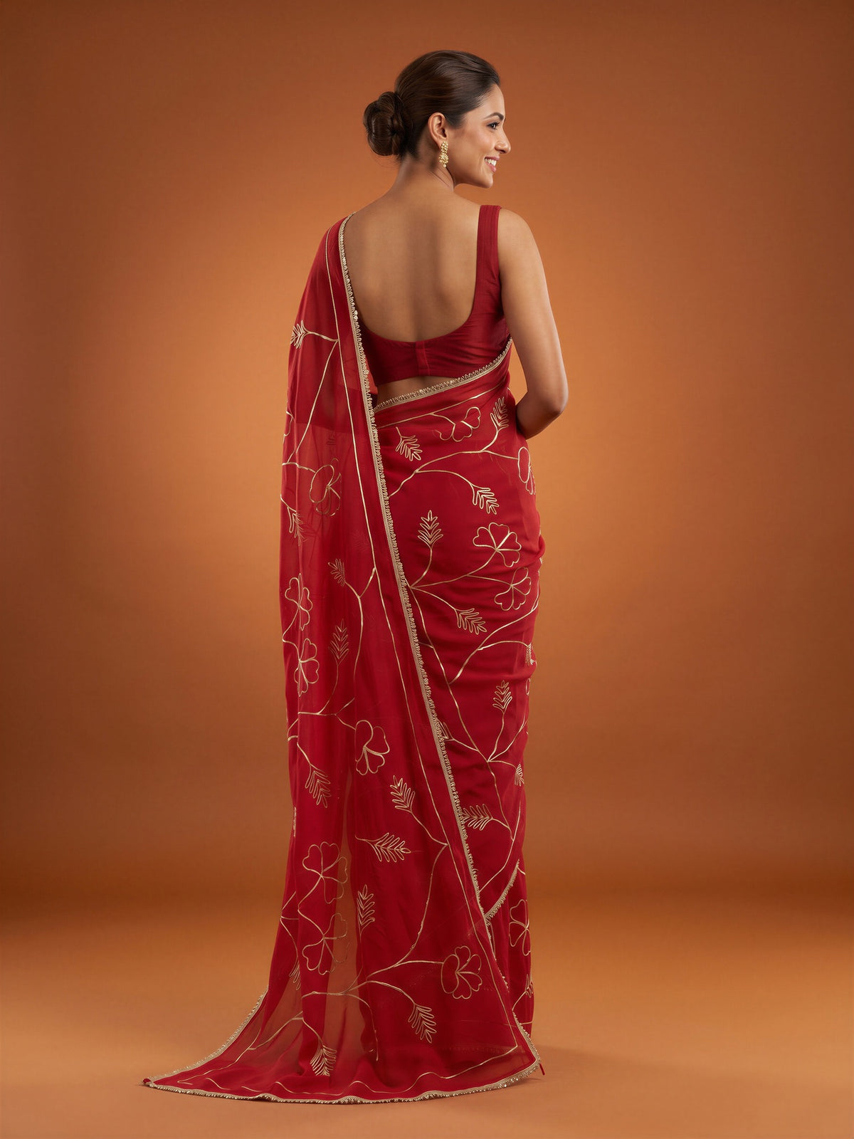 Red Georgette saree – detail view 1