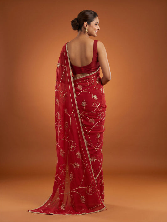 Red Georgette saree – detail view 1