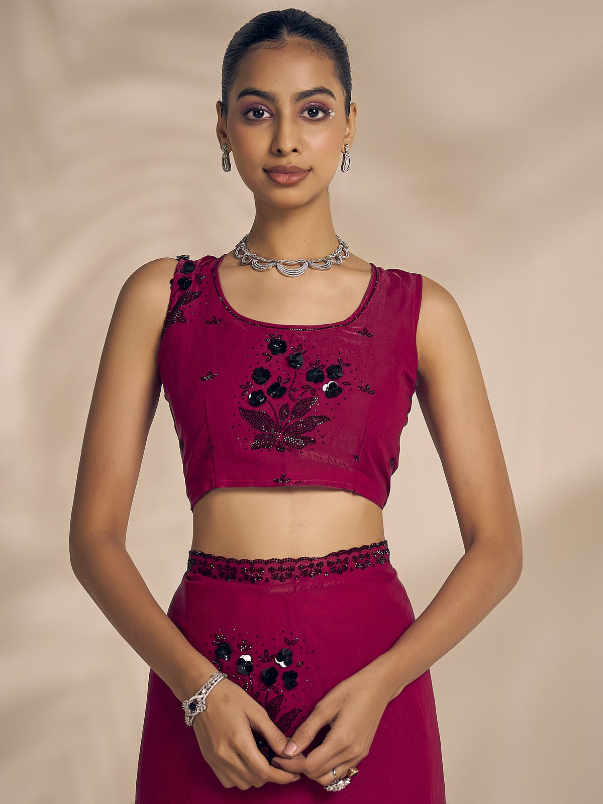 Magenta satin silk saree view 5