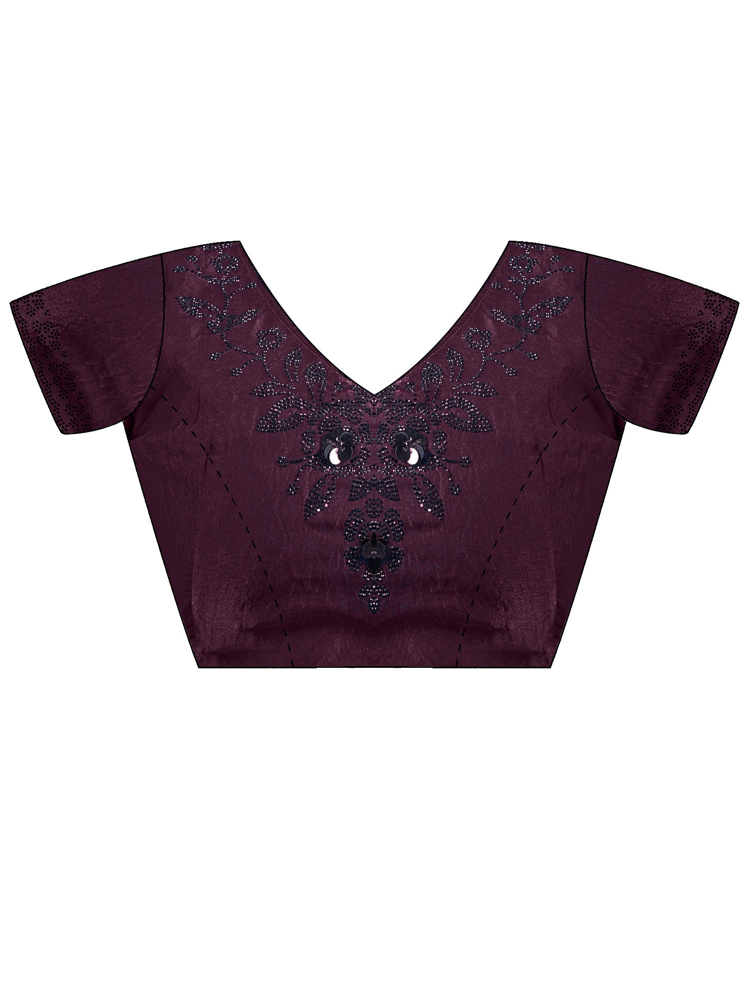 Unstitched wine satin silk blouse piece with embellished design