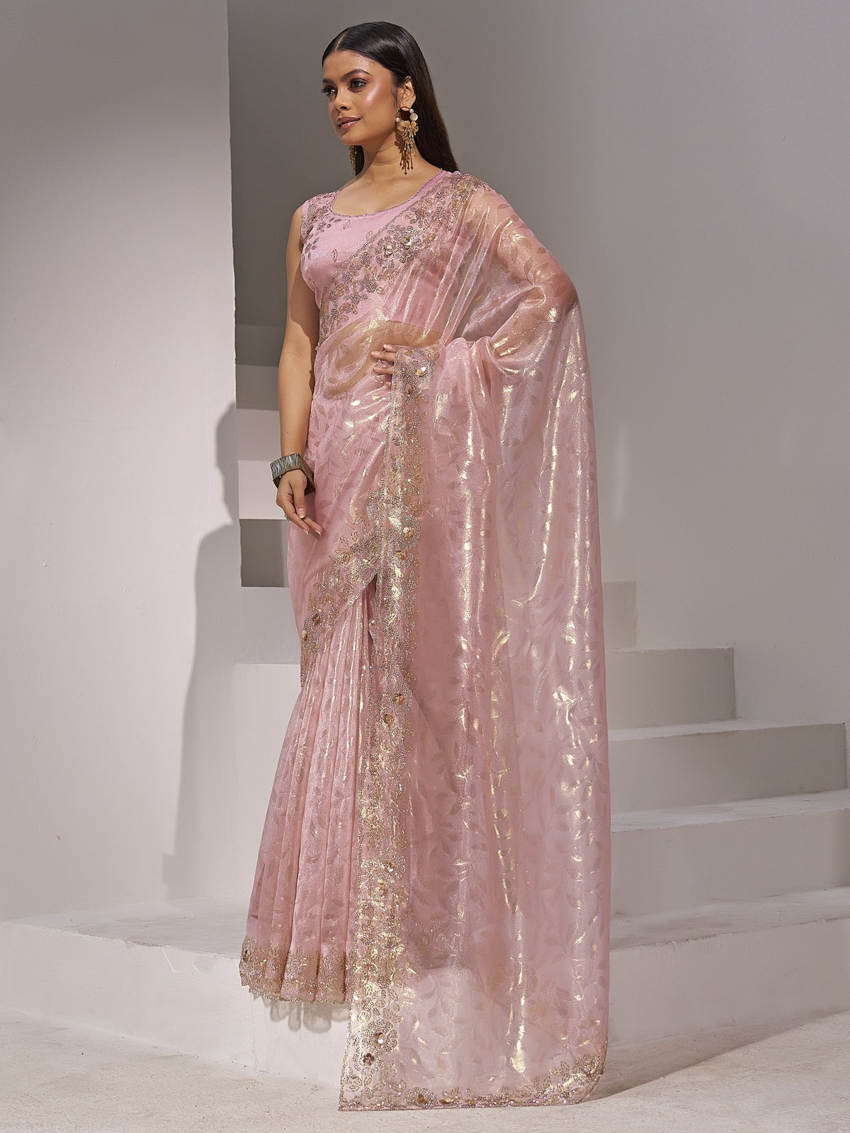 Pink organza saree view 1