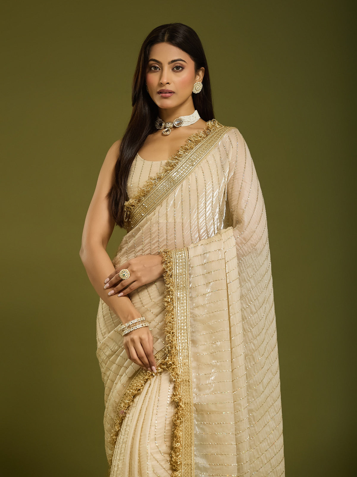 Cream Satin saree – detail view 6