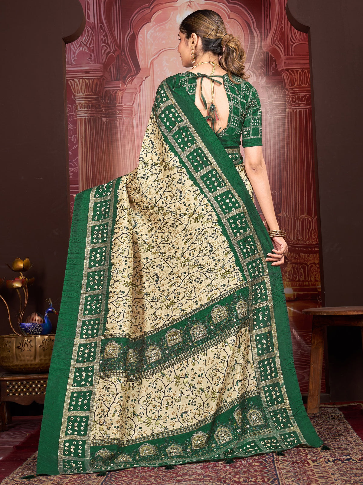 Cream tussar silk saree view 2