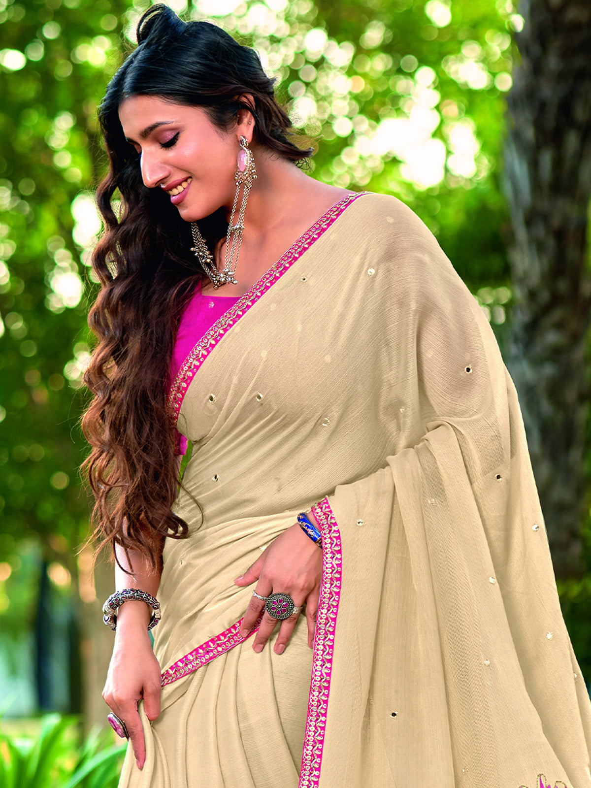Beige chiffon saree view 3