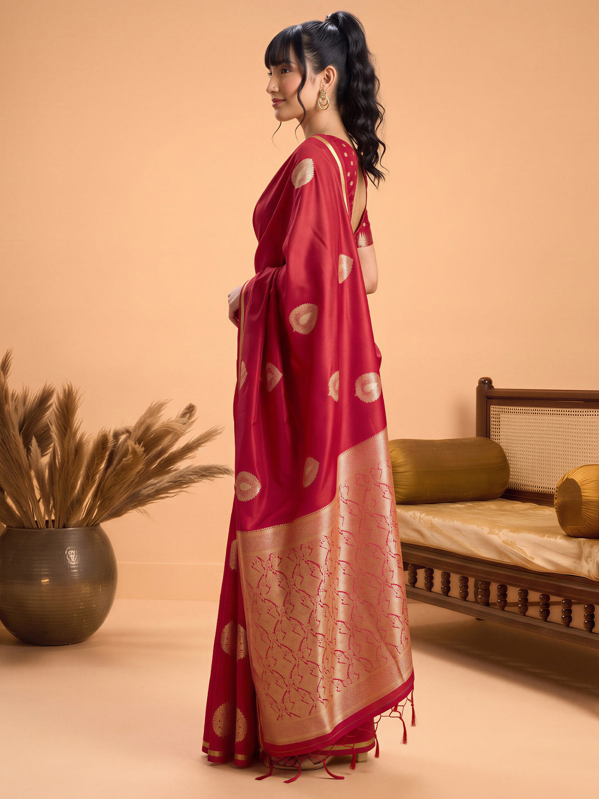 Red Satin Silk saree – detail view 2
