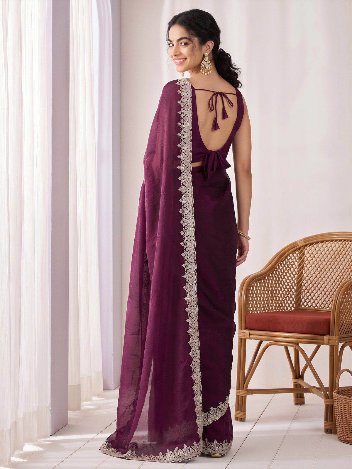 Wine Satin saree – detail view 1