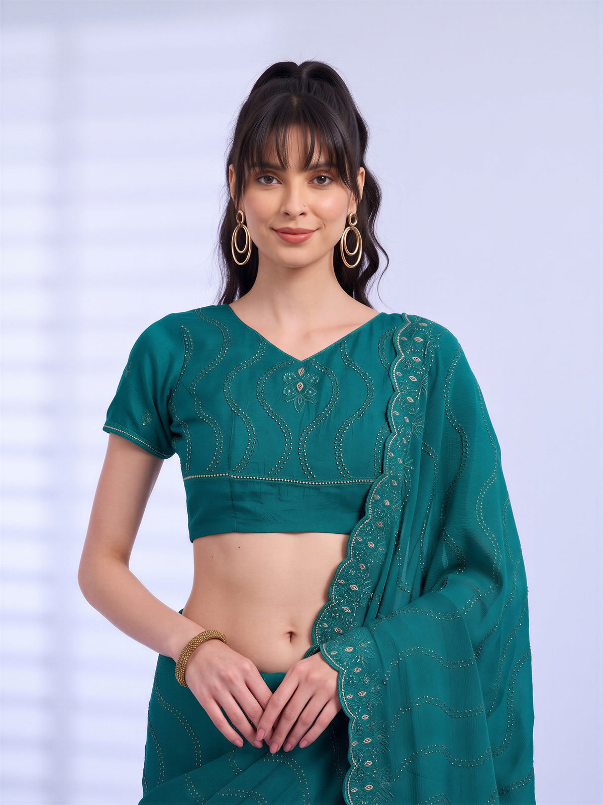 Unstitched teal green tissue blouse piece with embellished design