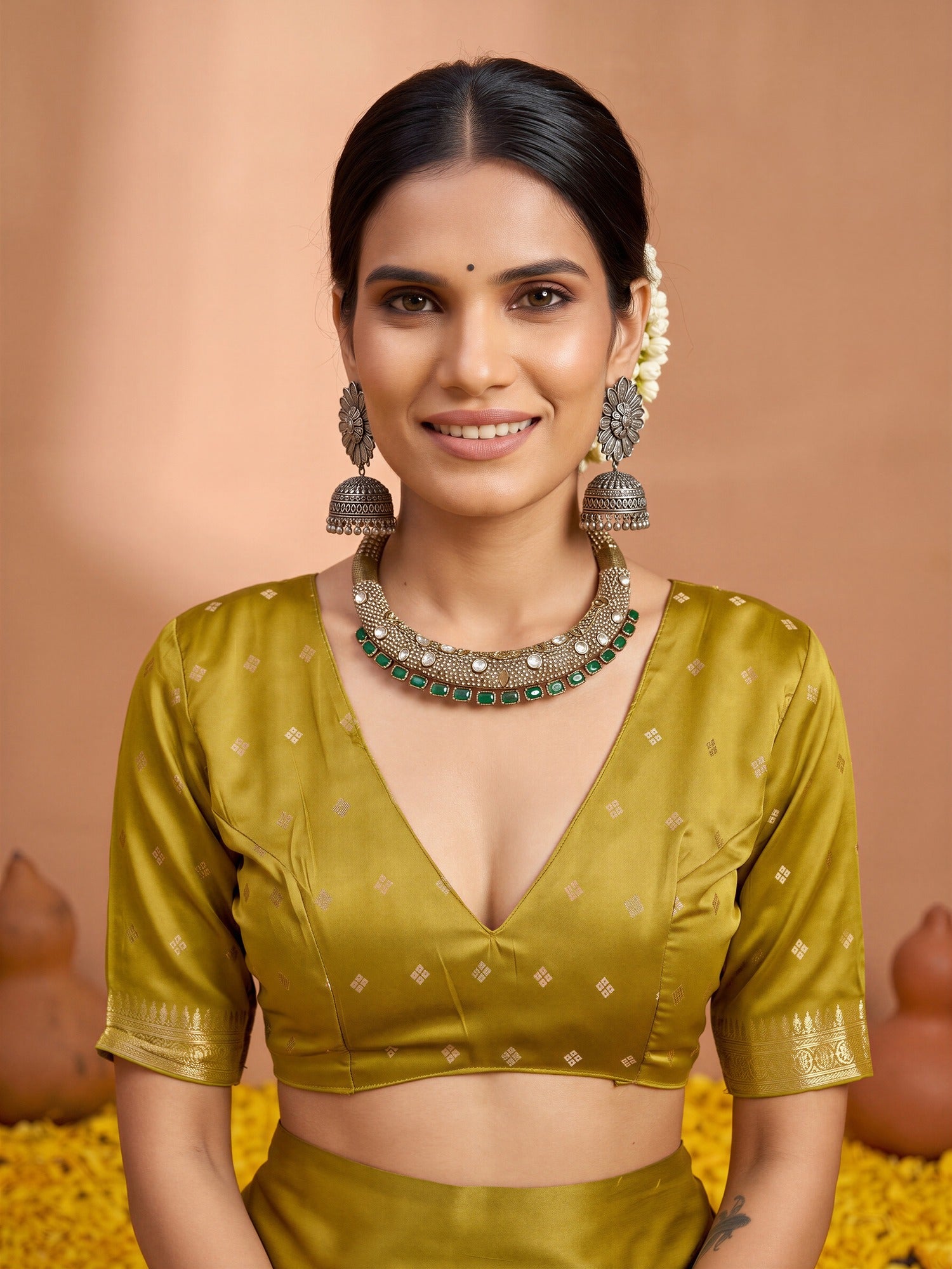 Unstitched mustard satin silk blouse piece with paisley design