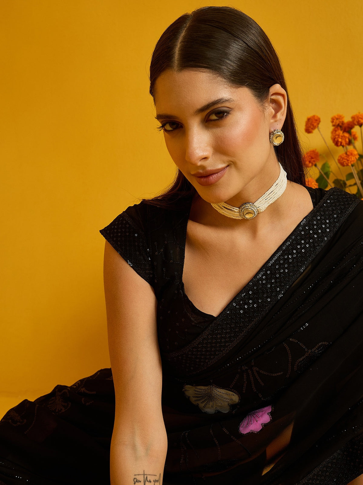 Black Georgette saree – detail view 2