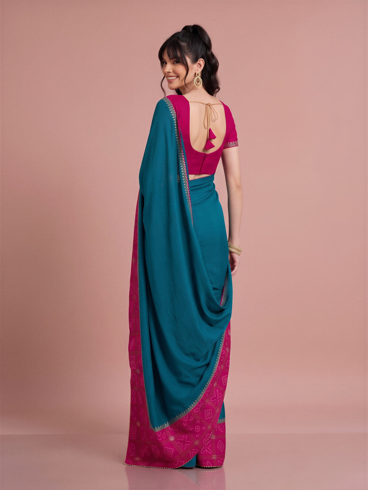 Teal Blue Vichitra Silk saree – detail view 1