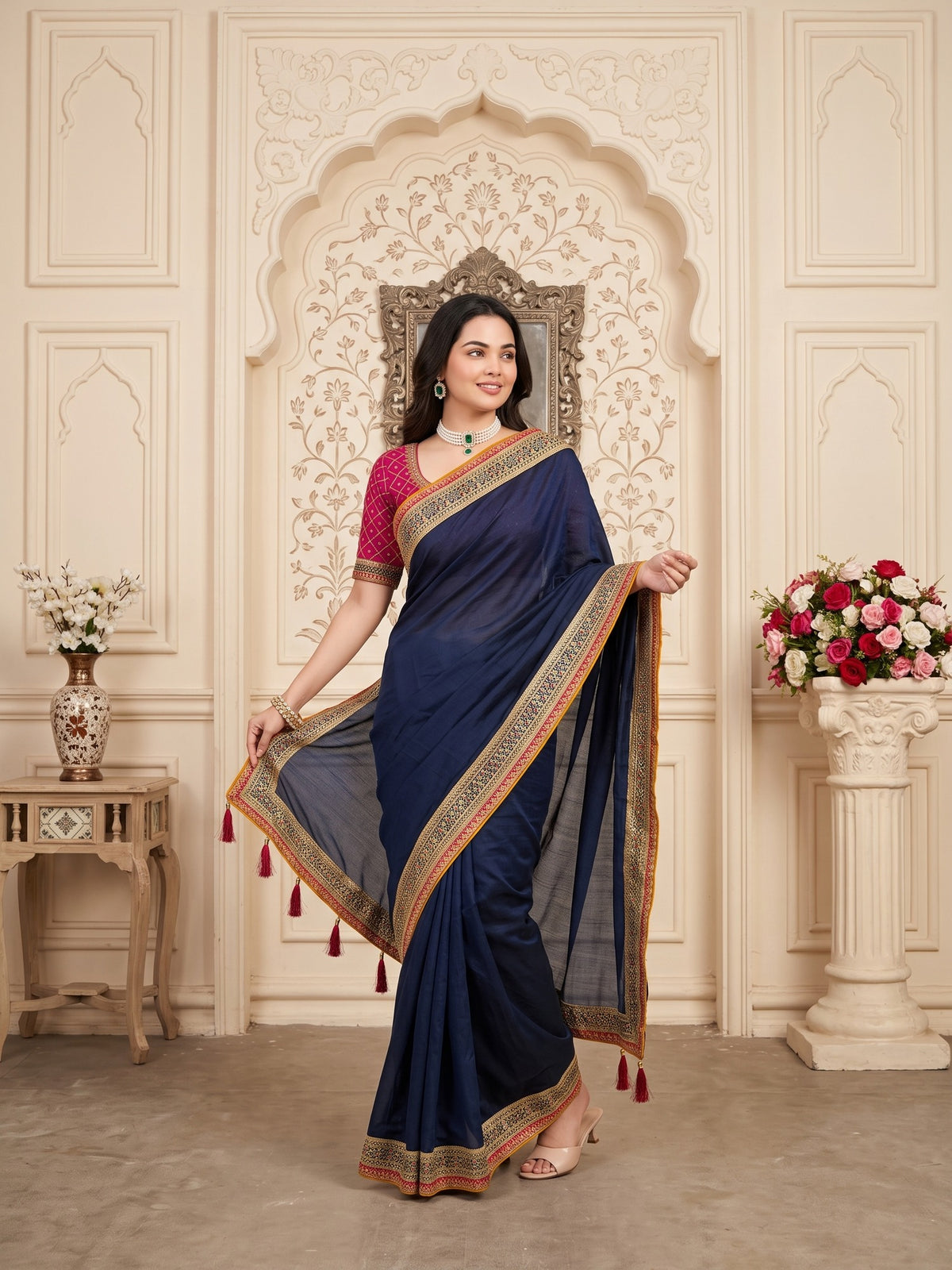 Teal Blue Vichitra Silk saree – detail view 1