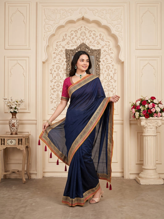 Teal Blue Vichitra Silk saree – detail view 1
