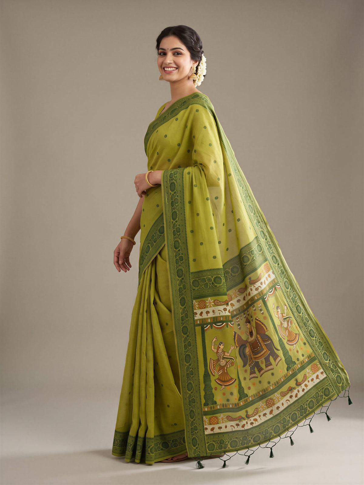 Olive cotton blend saree view 2