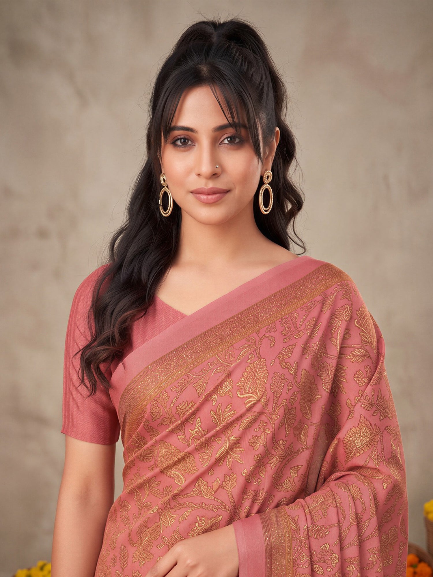 Peach Crepe saree – detail view 4