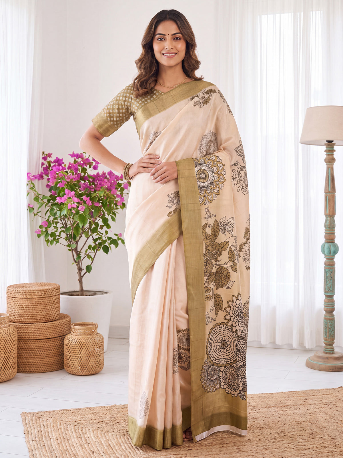 Woman wearing white satin silk saree with traditional indian motif work and light green blouse