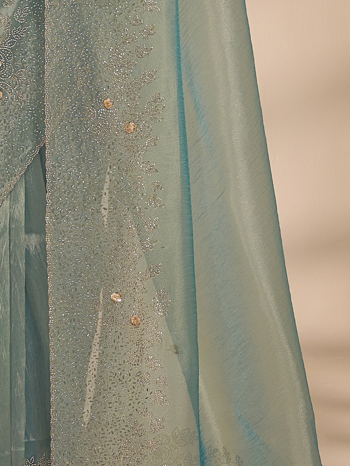 Pallu detail of light blue organza saree showing applique design and embellished border