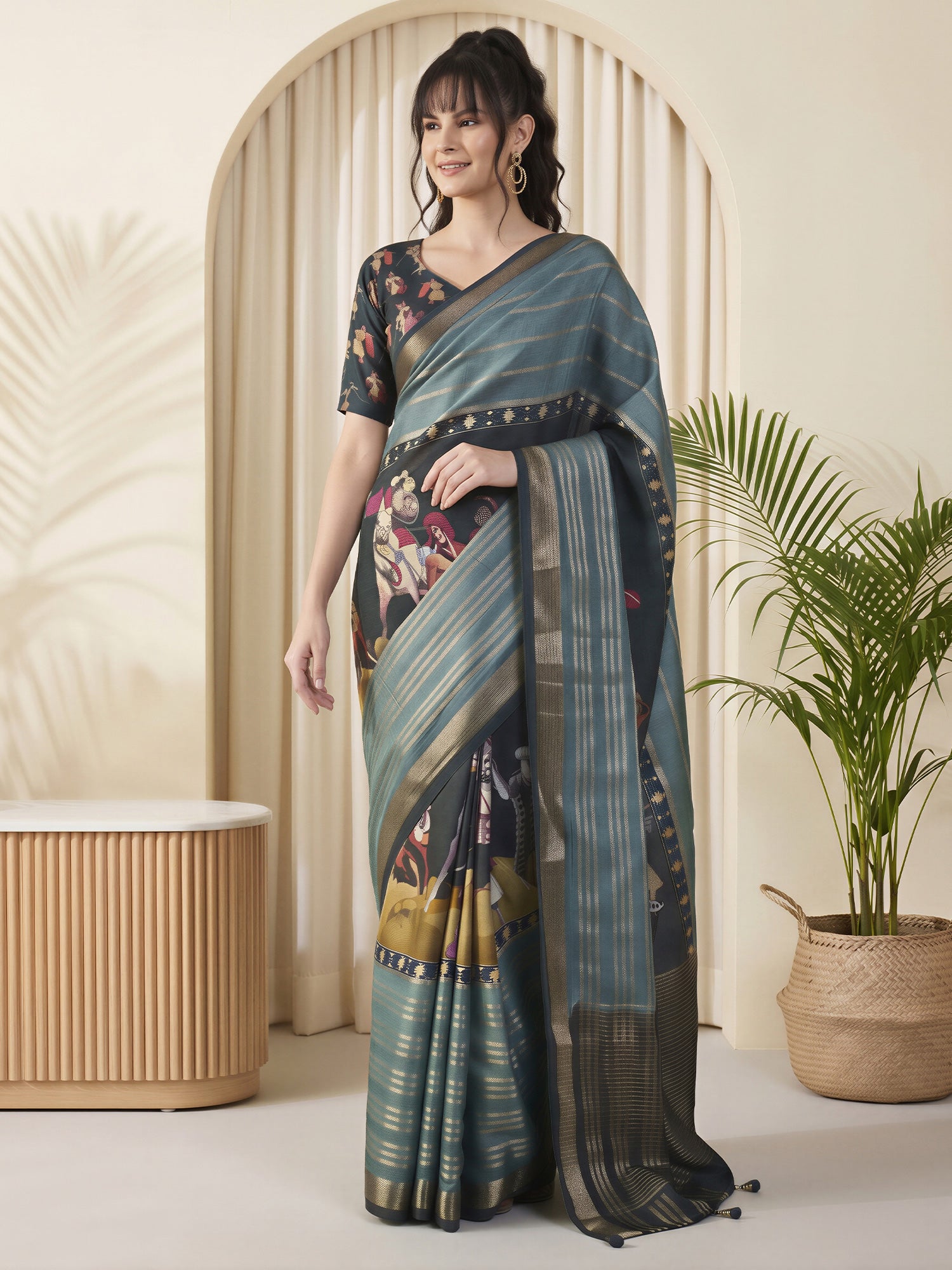 Teal Blue Viscose Silk saree – detail view 3