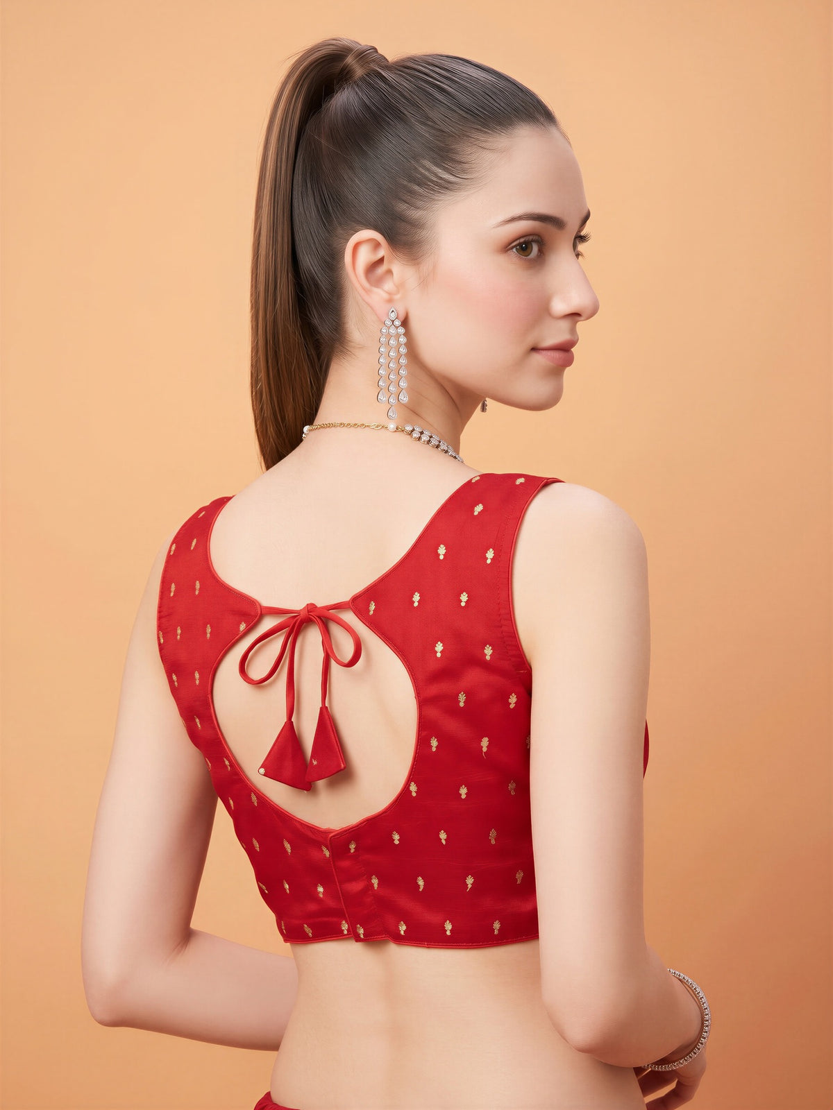 Red sequin embellished silk blend sleeveless readymade saree blouse with round neck view 1