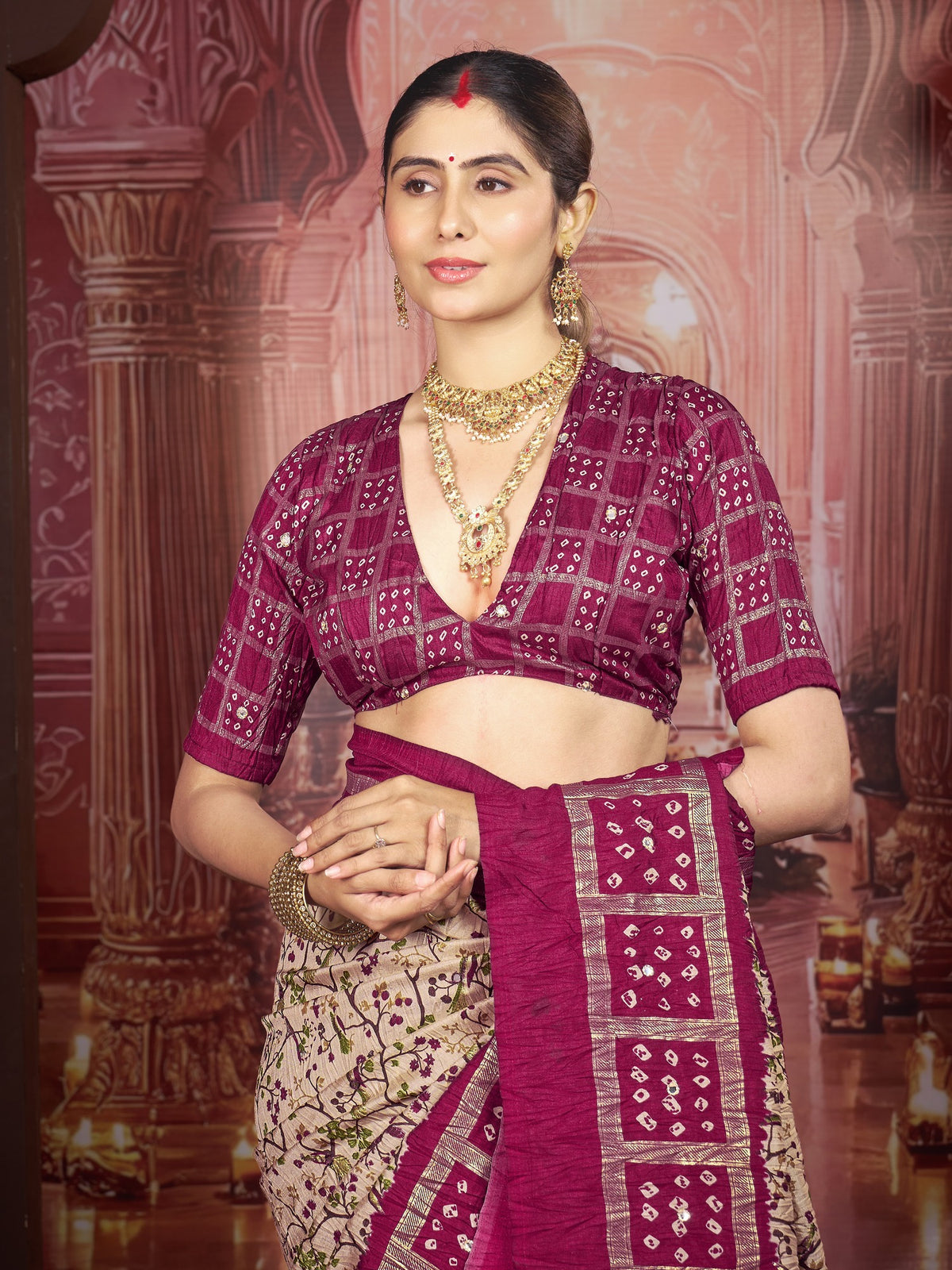 Cream tussar silk saree view 4