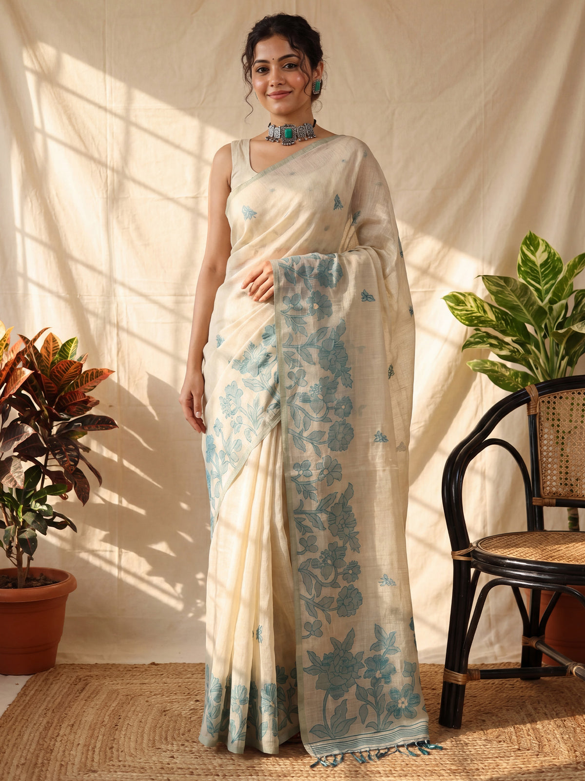 Woman wearing cream chanderi cotton saree with all-over floral design and cream blouse