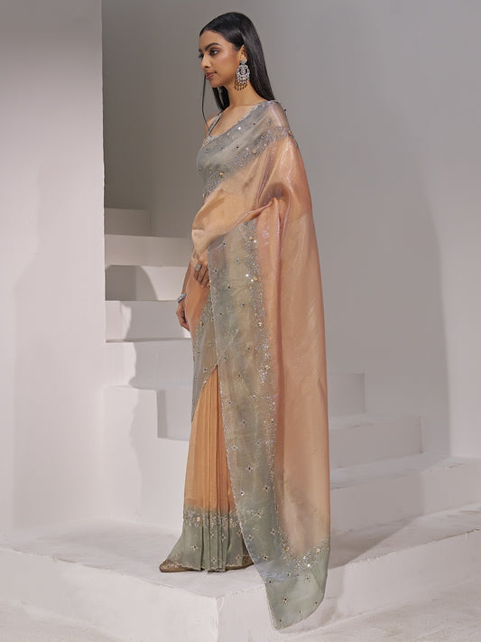 Peach organza saree view 1