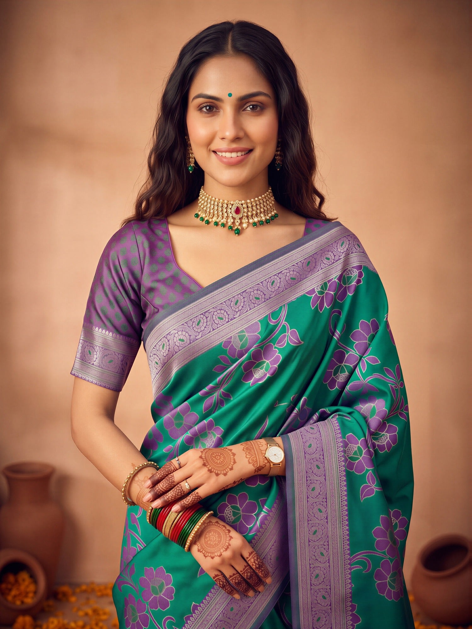 Teal Green Satin Silk saree – detail view 4