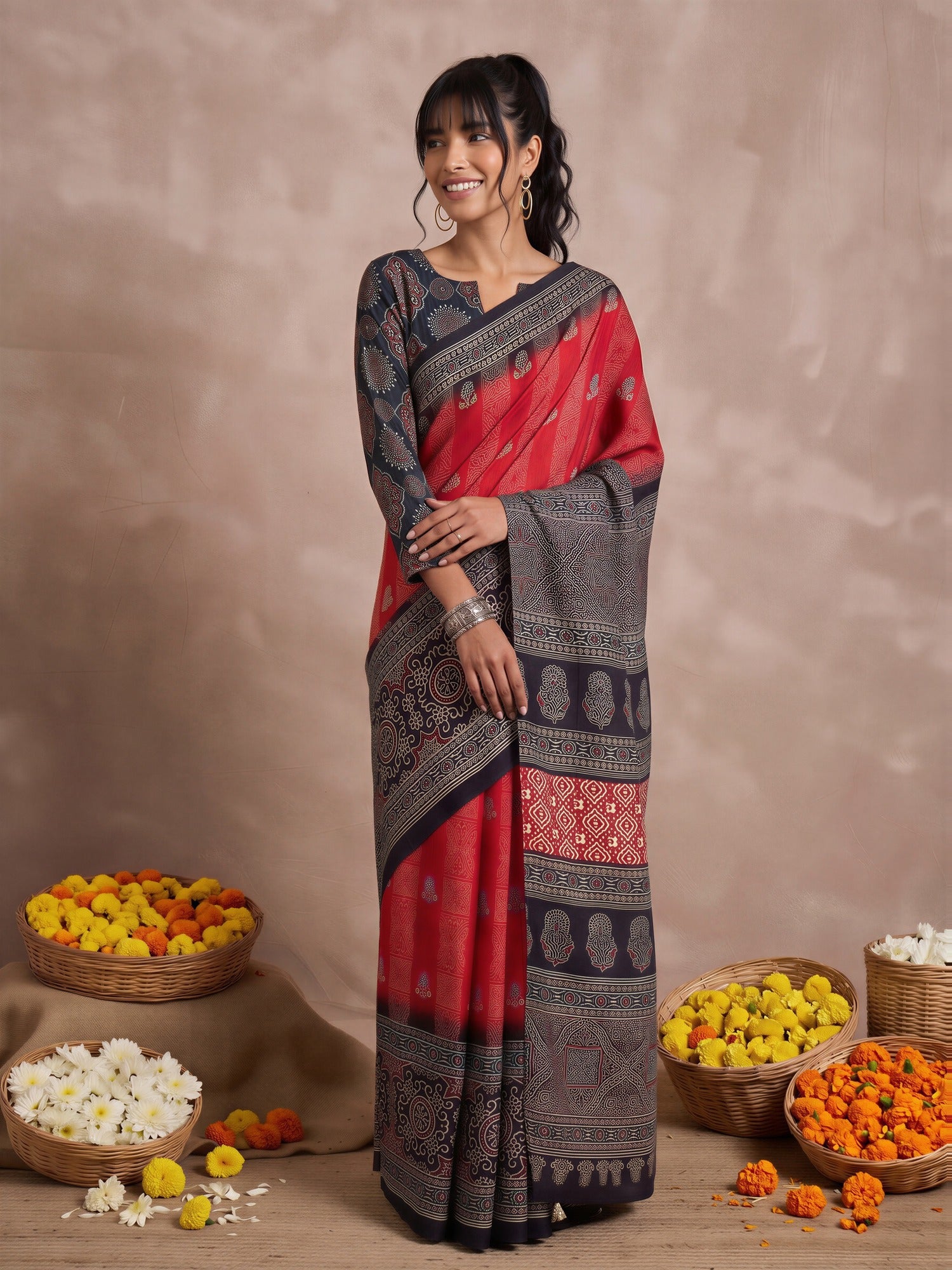 Red Viscose Silk saree – detail view 3
