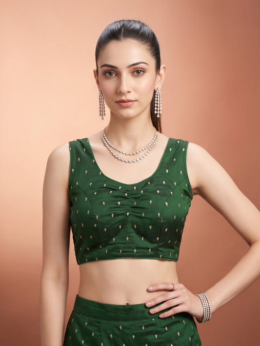 Dark Green sequin embellished silk blend sleeveless readymade saree blouse with round neck