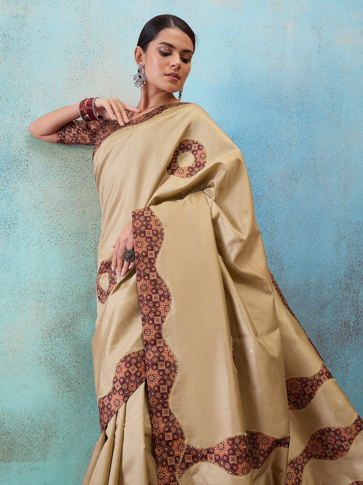 Light Brown silk blend saree view 6
