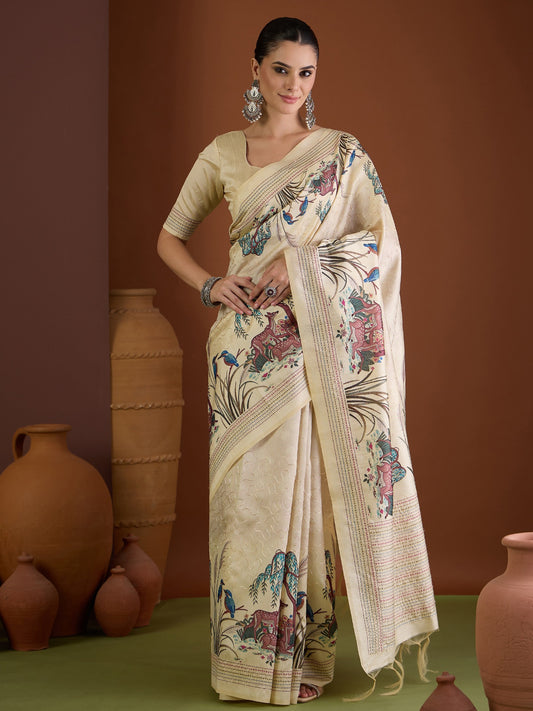 Cream ethnic motif art silk saree with cream blouse piece