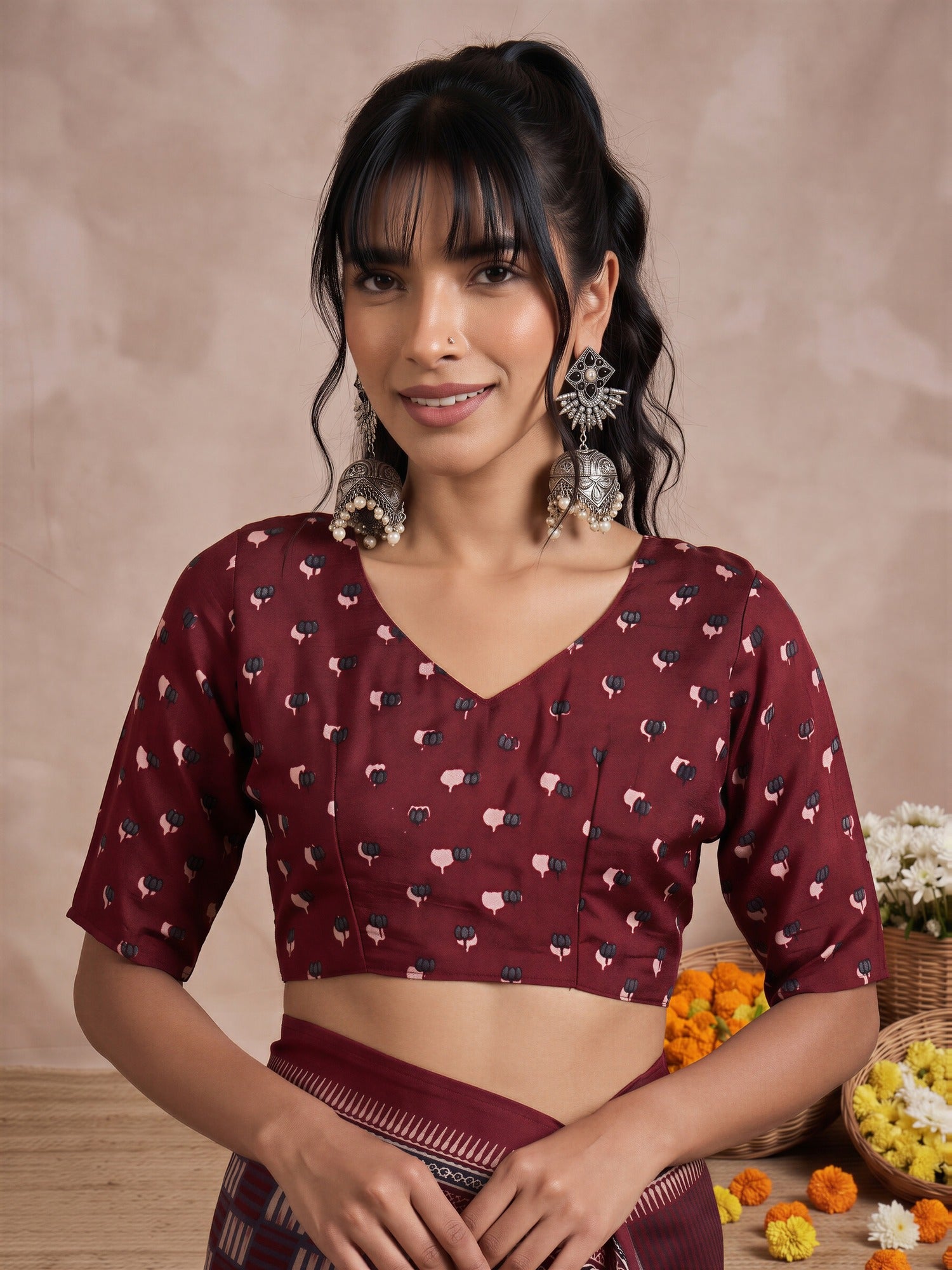 Unstitched maroon viscose silk blouse piece with ethnic motif design