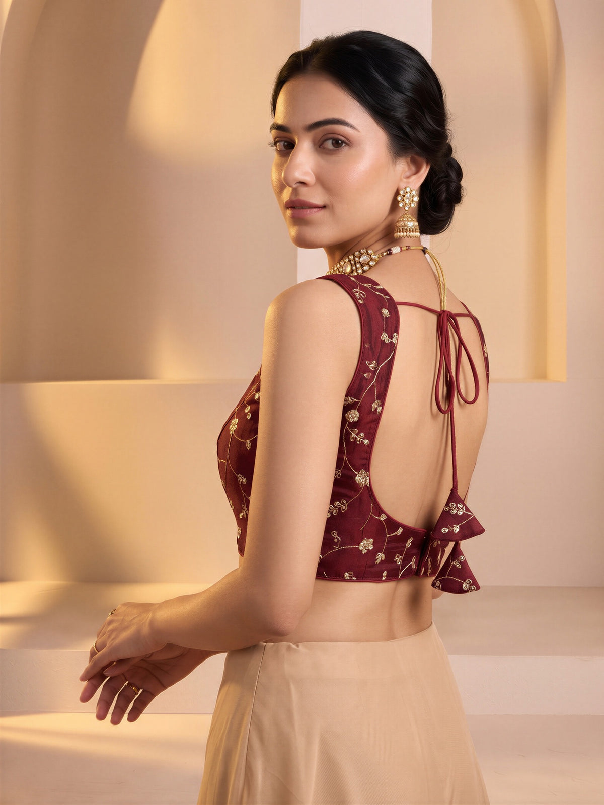 Maroon sequin embroidered vichitra silk sleeveless readymade saree blouse with round neck view 1