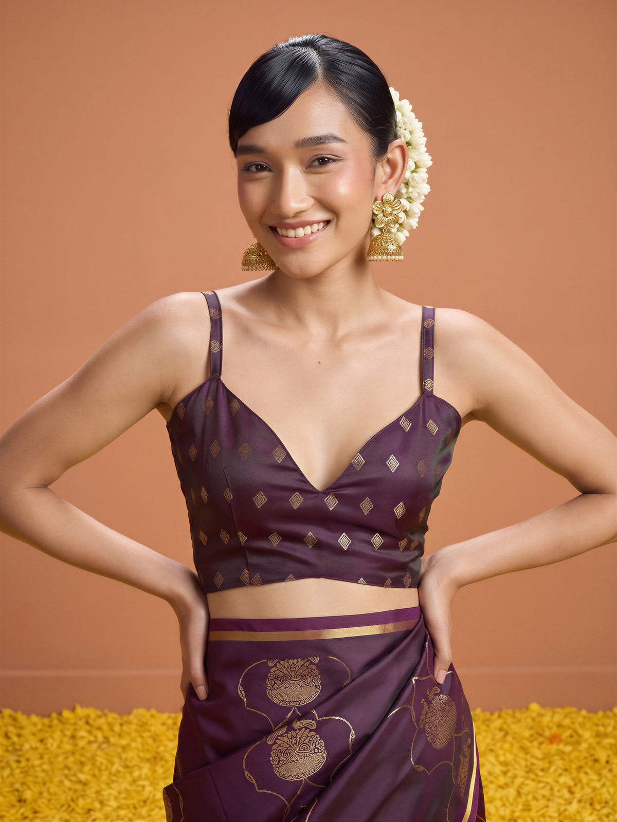 Unstitched purple satin blouse piece with woven design design