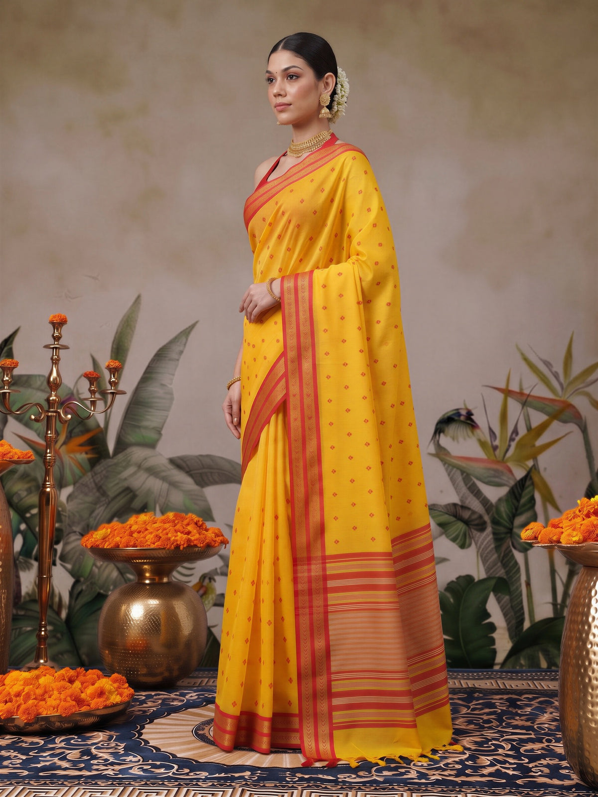 Mustard cotton blend saree view 2