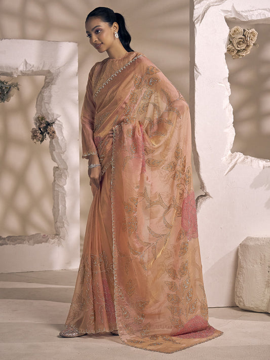 Peach organza saree view 1