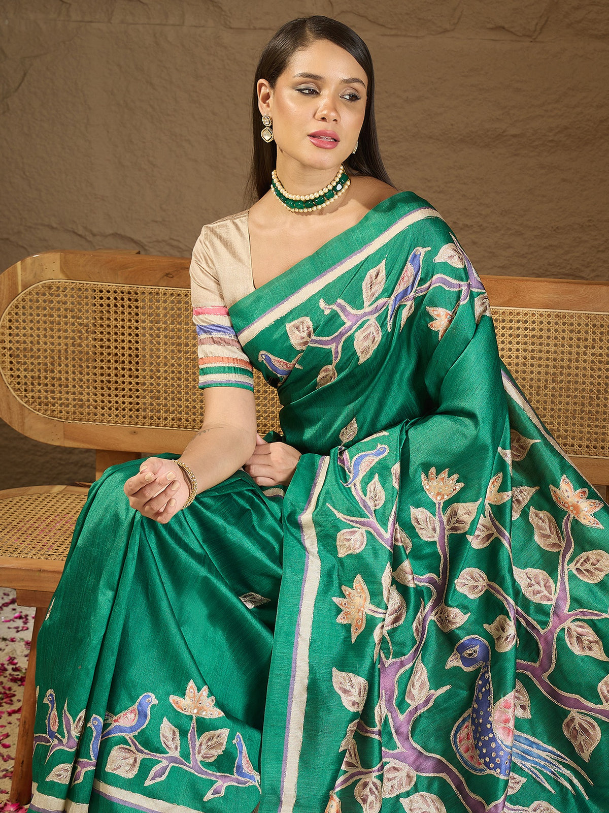 Teal Green art silk saree view 5