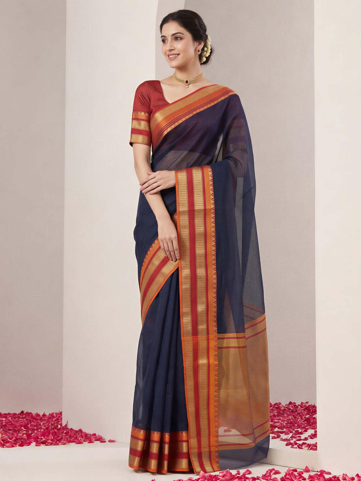 Black solid kota doria cotton saree with maroon blouse piece