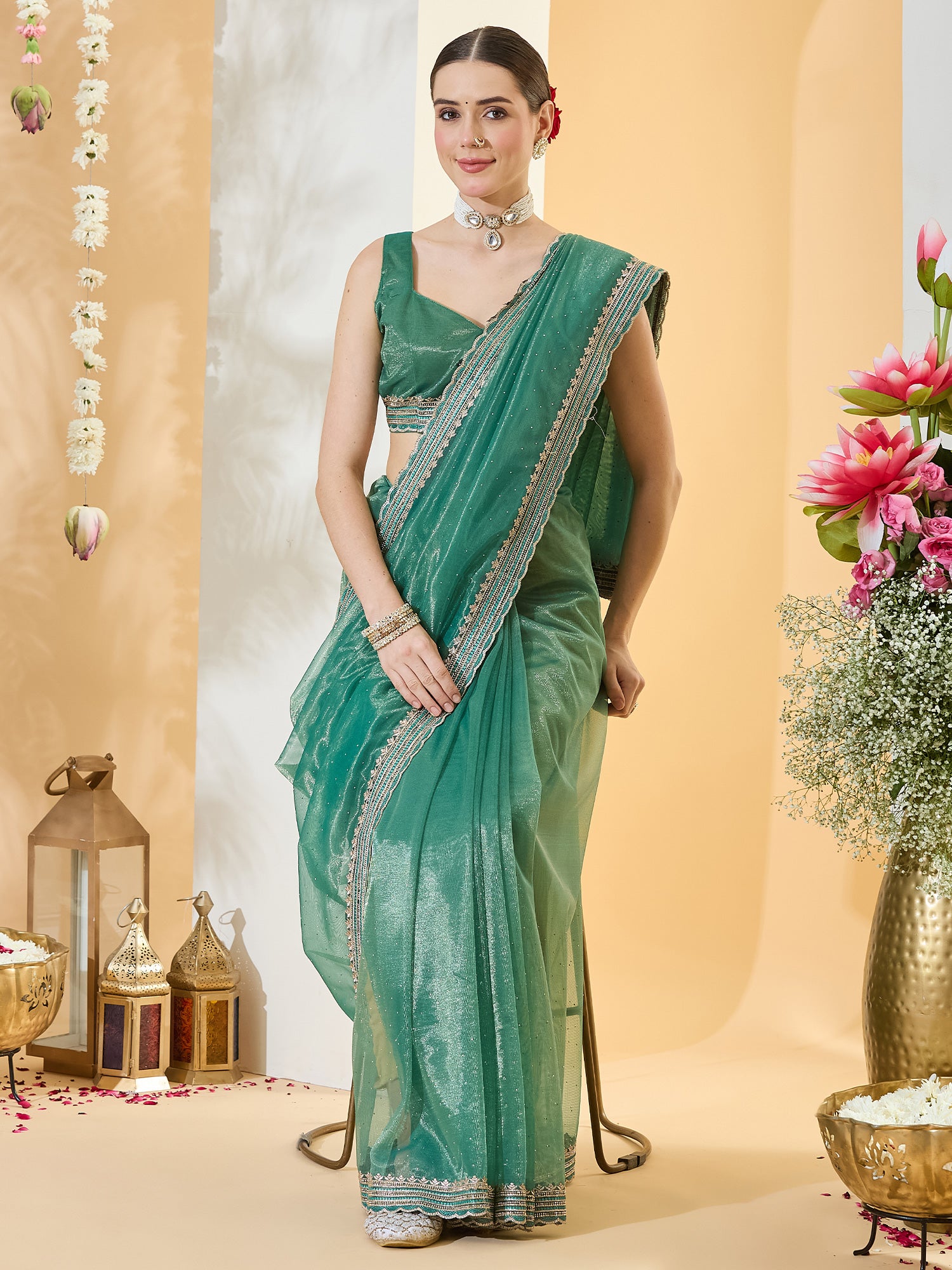 Teal Green Net saree – detail view 3