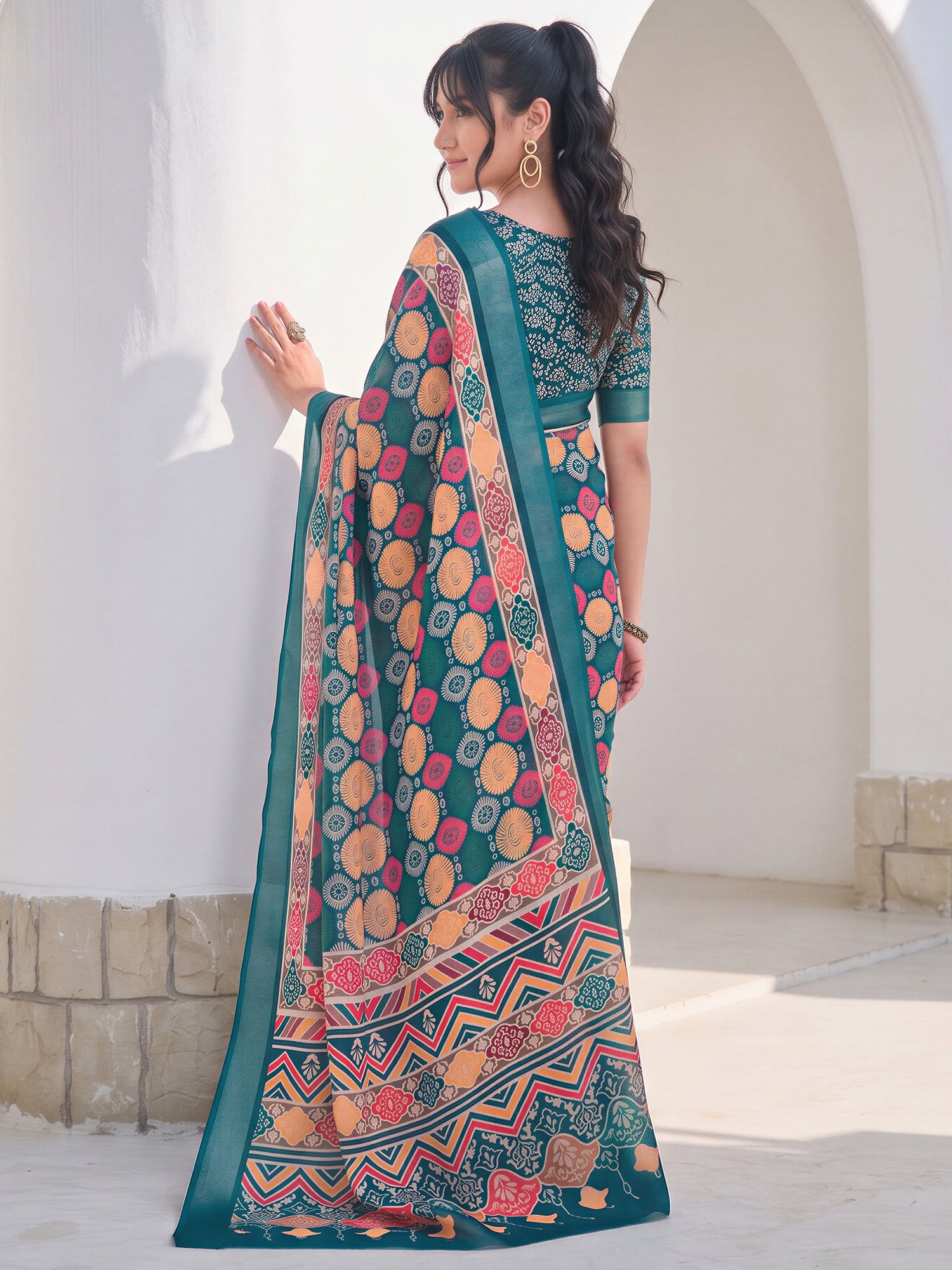 Teal Blue Cotton Linen saree – detail view 1