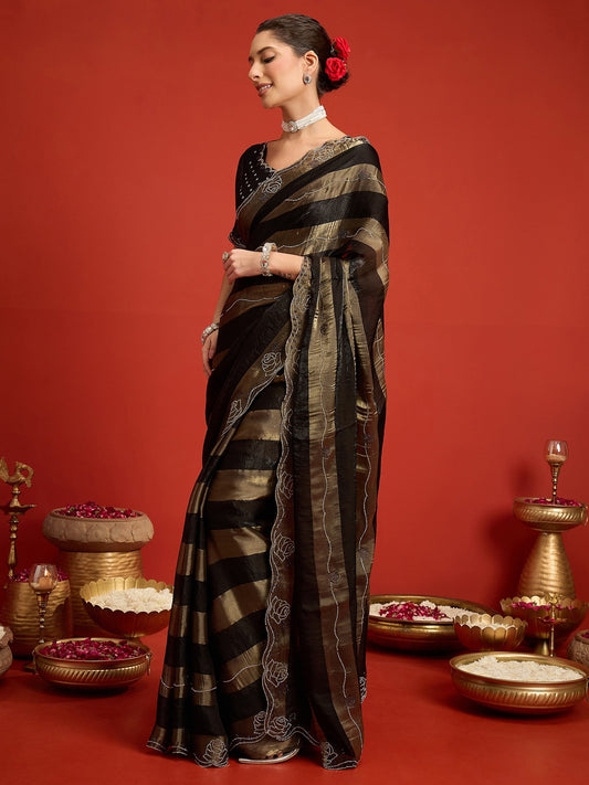 Black Satin Silk saree – detail view 1