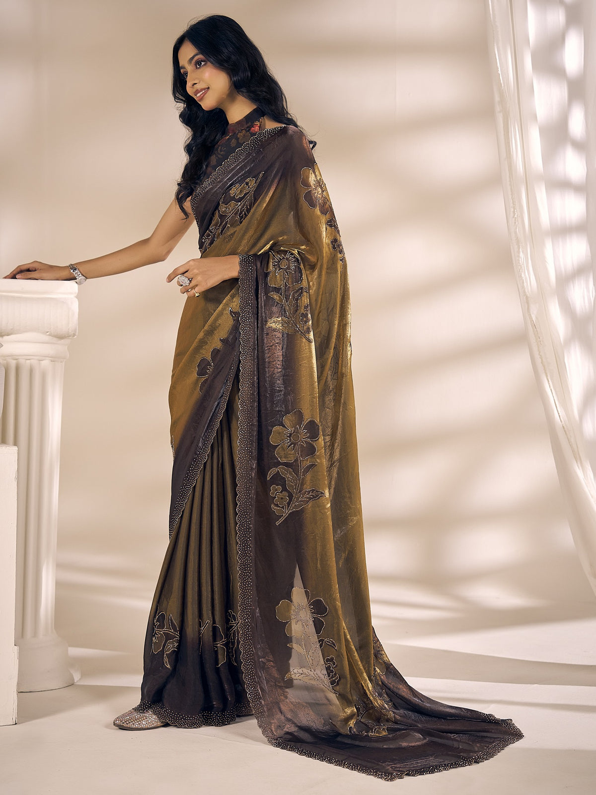 Olive satin silk saree view 2