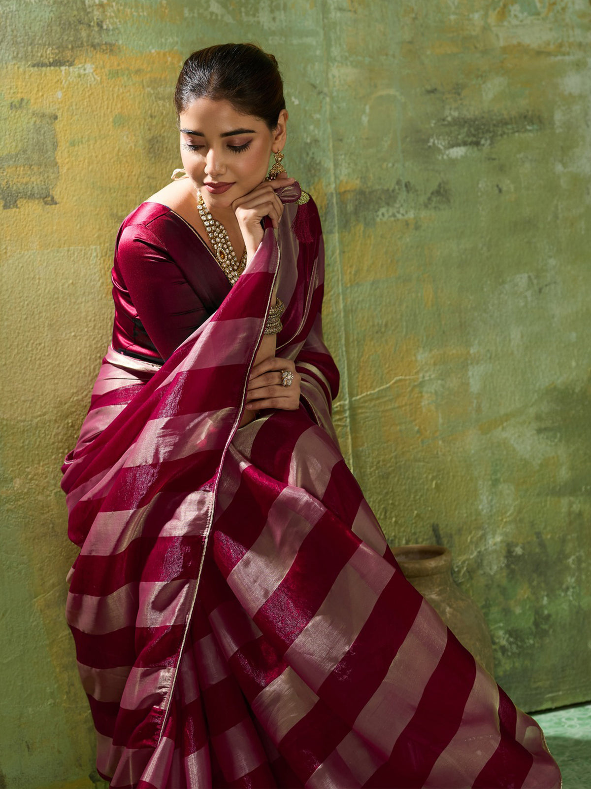 Wine Satin Silk saree – detail view 3