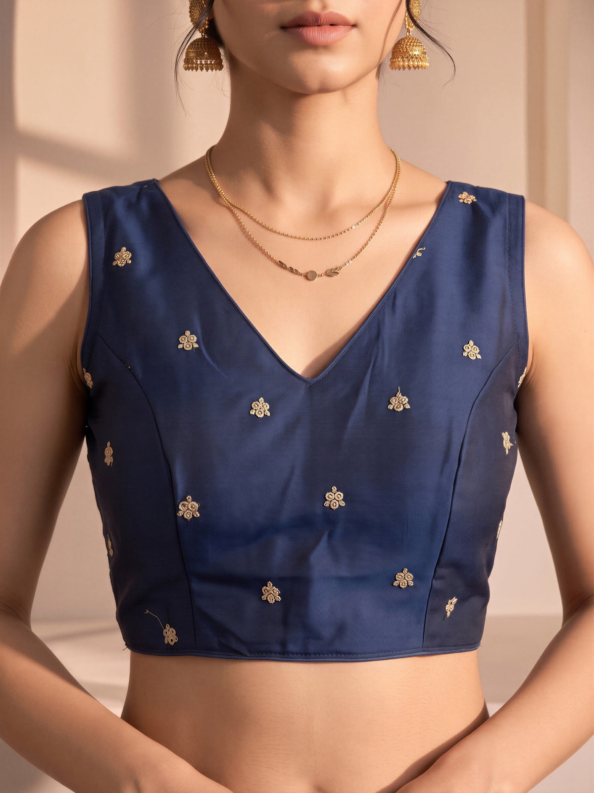 Teal Blue sequin embellished vichitra silk sleeveless readymade saree blouse with v neck view 4
