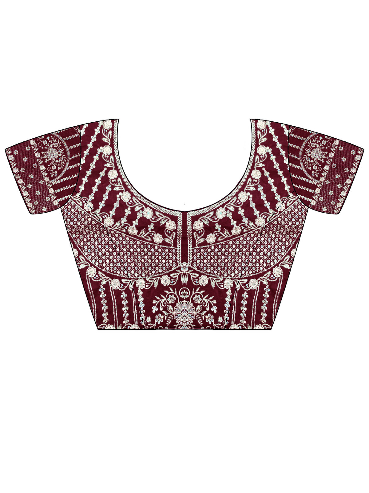 Unstitched wine silk blend blouse piece with embellished design