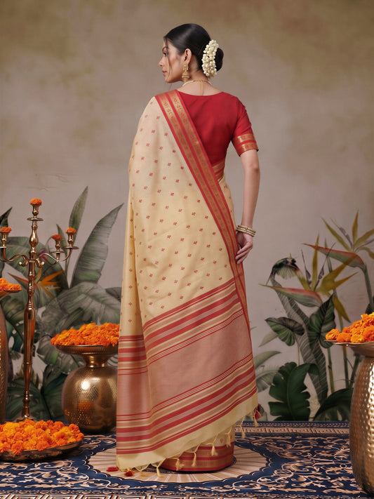 Cream cotton blend saree view 1