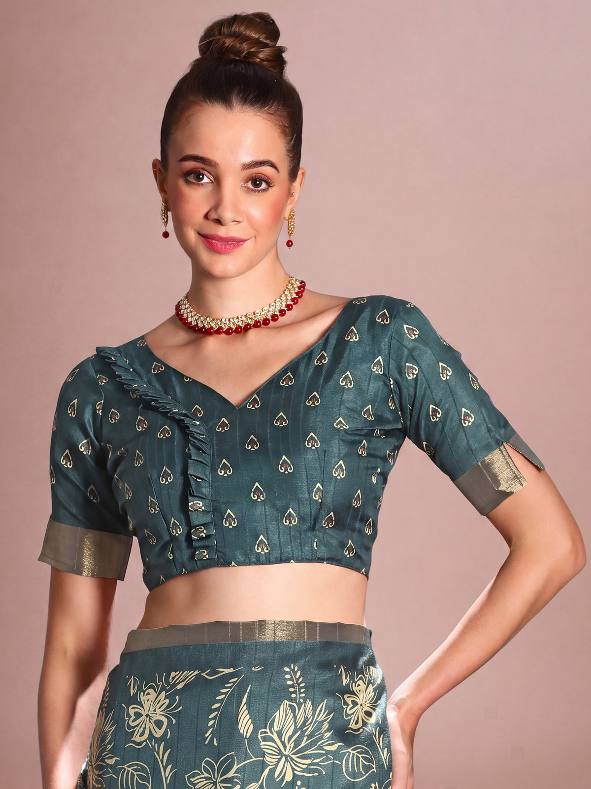 Unstitched teal blue silk blend blouse piece with floral design