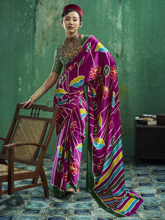 Magenta floral satin saree with green blouse piece